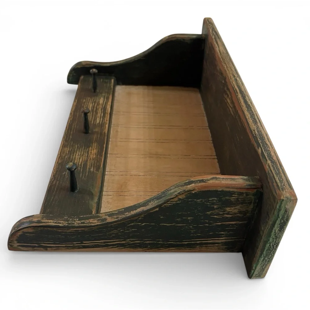 Distressed Painted Handmade Wood Beadboard Shelf with 3 Wood Pegs
